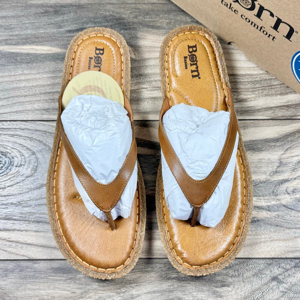 NIB Born Basic Maite 10M Tan Leather Flip Flops Comfort Flat Thong Sandals - Picture 8 of 10